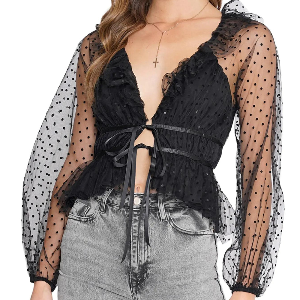 4SI3NNA Chantria Swiss Dot Balloon Sleeve Top in Black